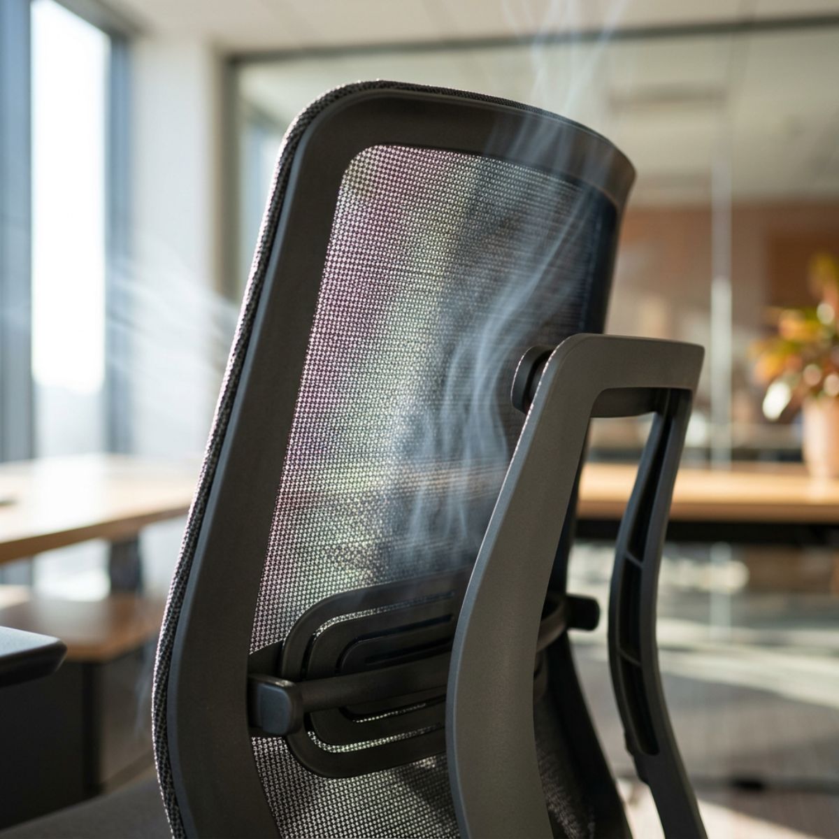 Detalle del respaldo de malla transpirable de una silla ergonómica de oficina.